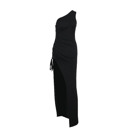Bodycon Maxi Dress with One-Shoulder and Side Lace-Up Detail