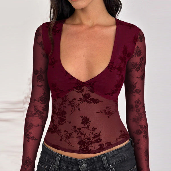 Flocked Floral Mesh Top with Deep V-Neck and Long Sleeves