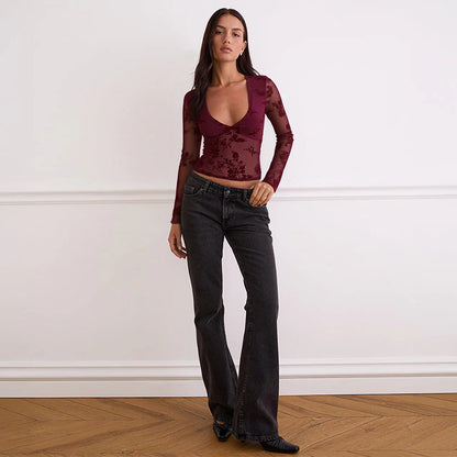 Flocked Floral Mesh Top with Deep V-Neck and Long Sleeves