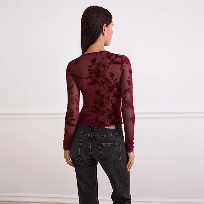 Flocked Floral Mesh Top with Deep V-Neck and Long Sleeves