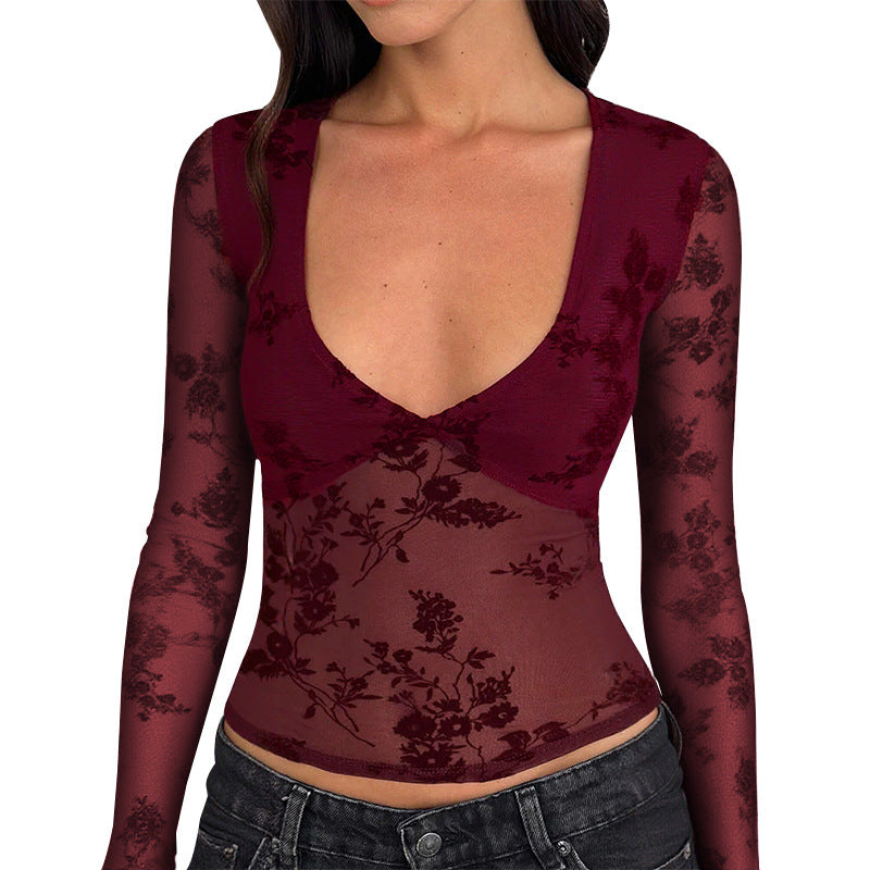 Flocked Floral Mesh Top with Deep V-Neck and Long Sleeves