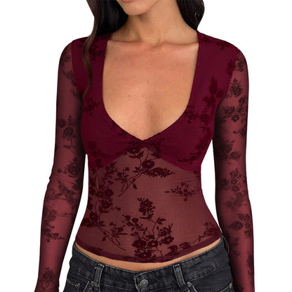 Flocked Floral Mesh Top with Deep V-Neck and Long Sleeves