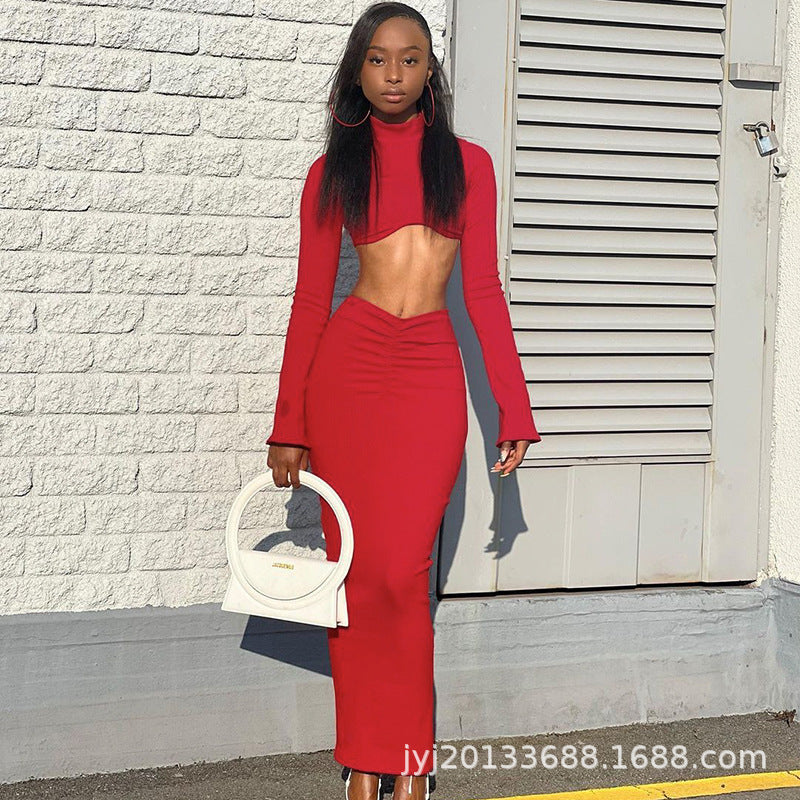 Mock Neck Cropped Two-Piece Set with Ruched Bodycon Skirt