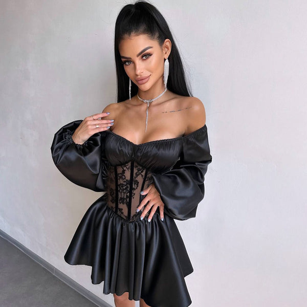 Off-the-Shoulder Satin Mini Dress with Lace Corset Waist