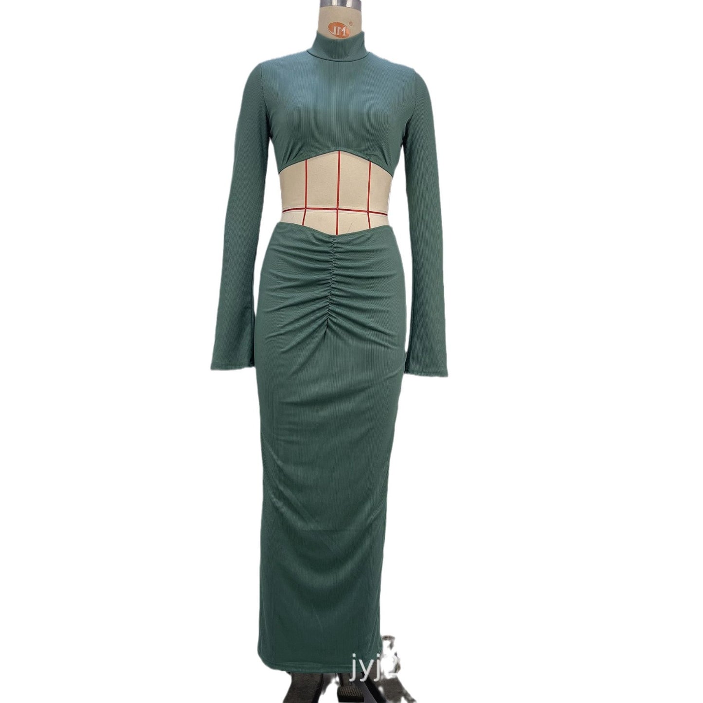 Mock Neck Cropped Two-Piece Set with Ruched Bodycon Skirt