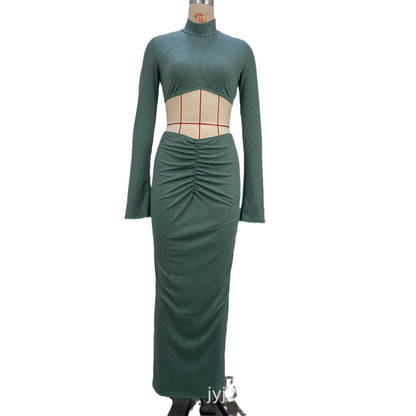 Mock Neck Cropped Two-Piece Set with Ruched Bodycon Skirt