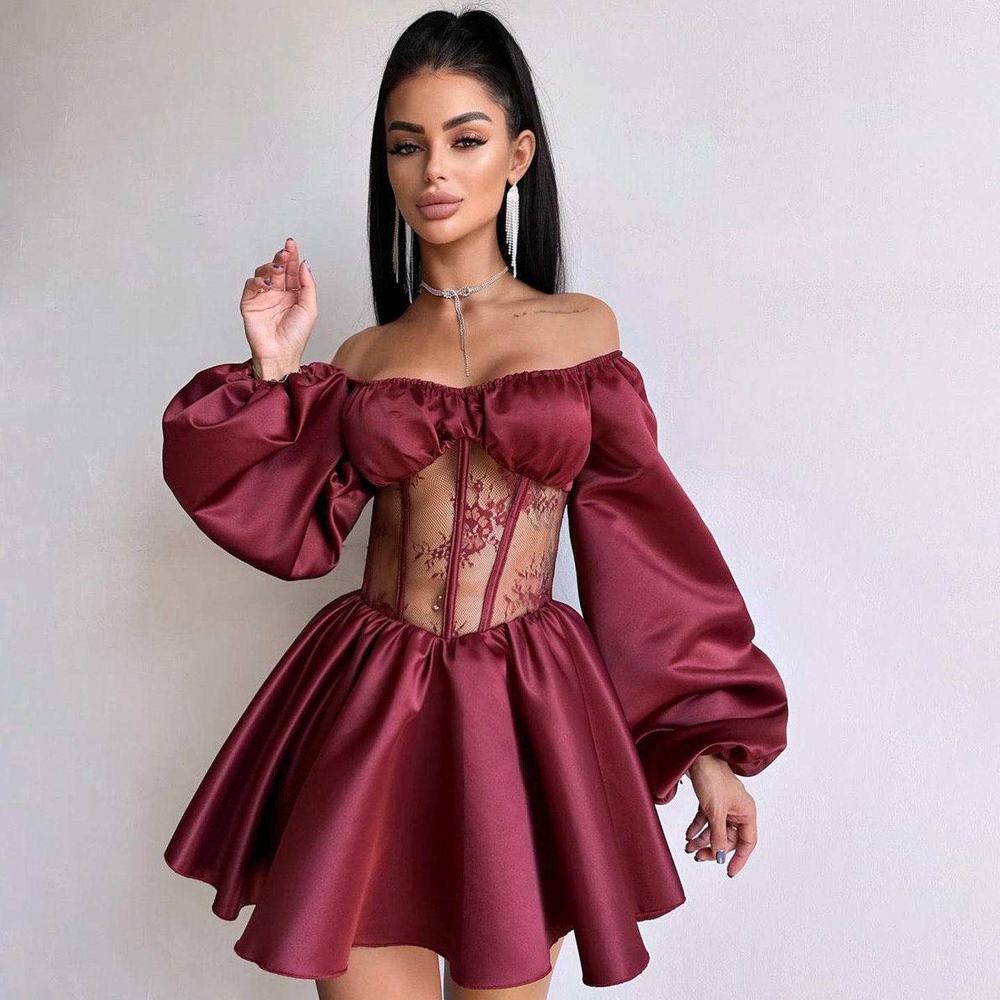 Off-the-Shoulder Satin Mini Dress with Lace Corset Waist