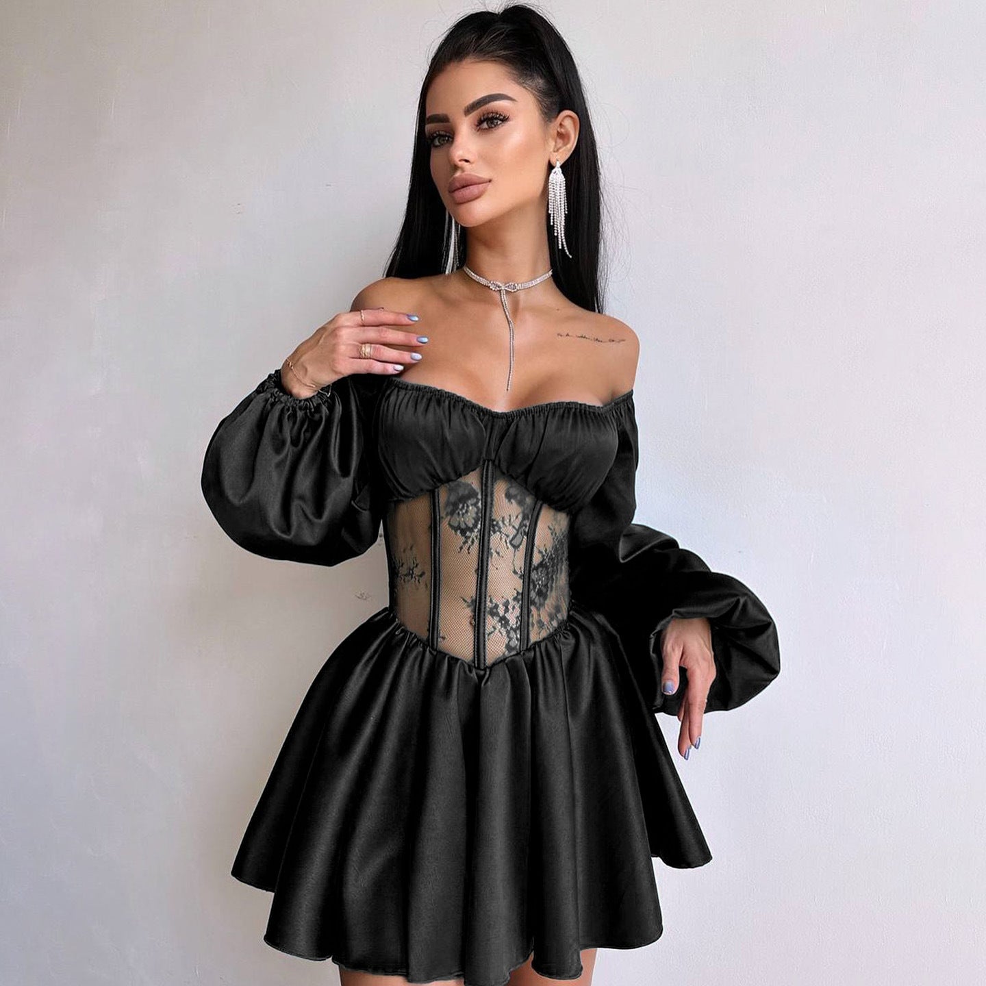 Off-the-Shoulder Satin Mini Dress with Lace Corset Waist