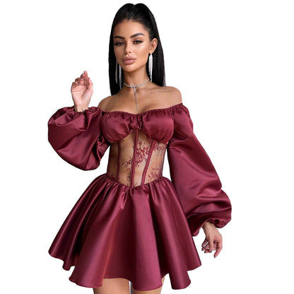 Off-the-Shoulder Satin Mini Dress with Lace Corset Waist