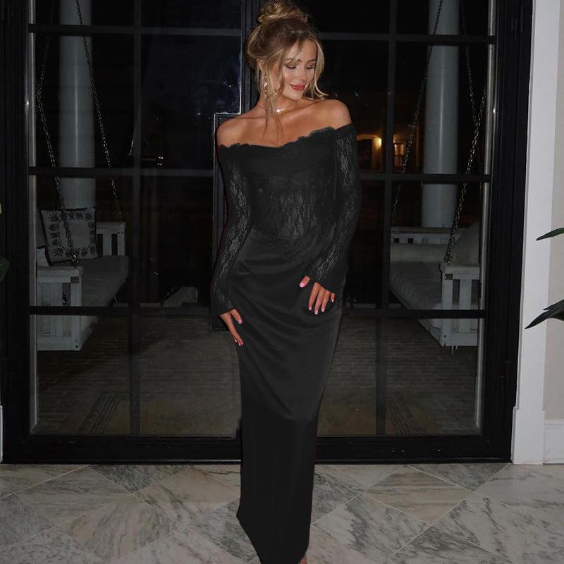 Bodycon Maxi Dress with Off-the-Shoulder Lace Bodice