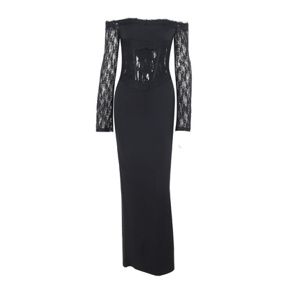 Bodycon Maxi Dress with Off-the-Shoulder Lace Bodice