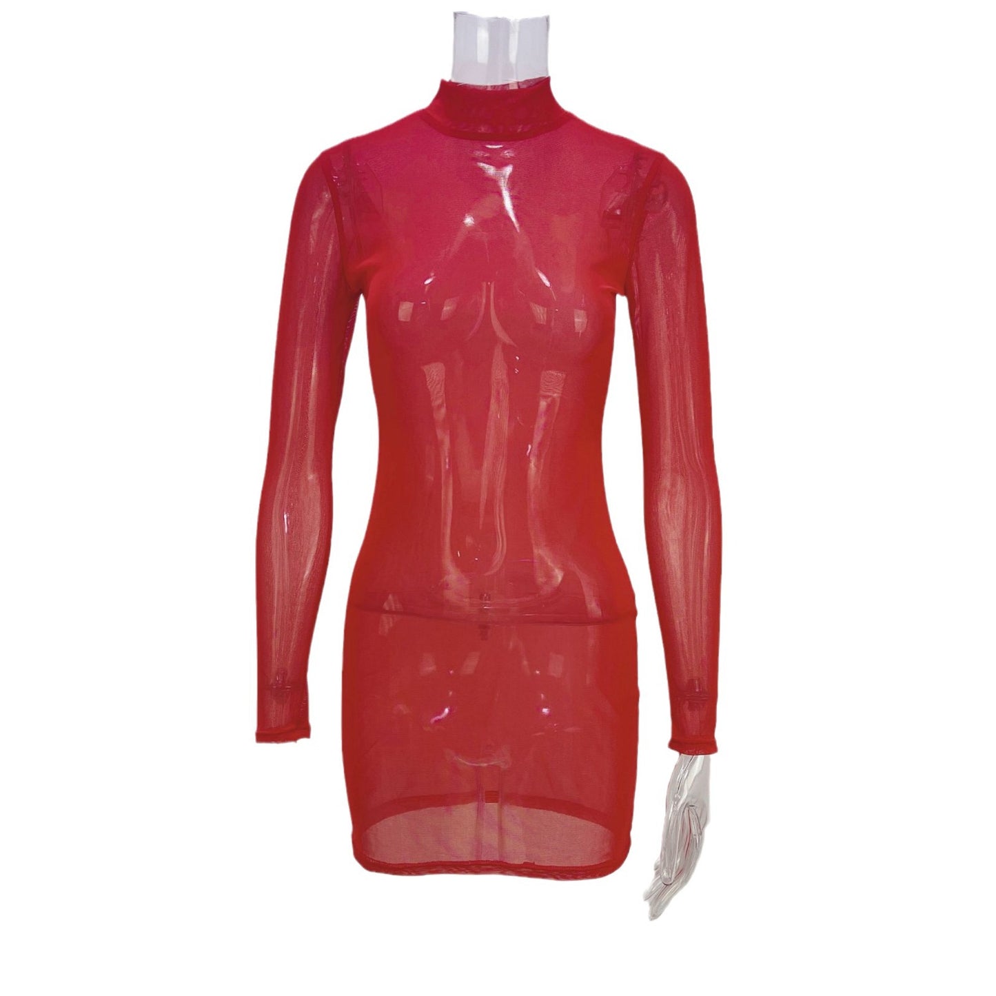 Sheer Mesh Bodycon Mini Dress with Stand Collar