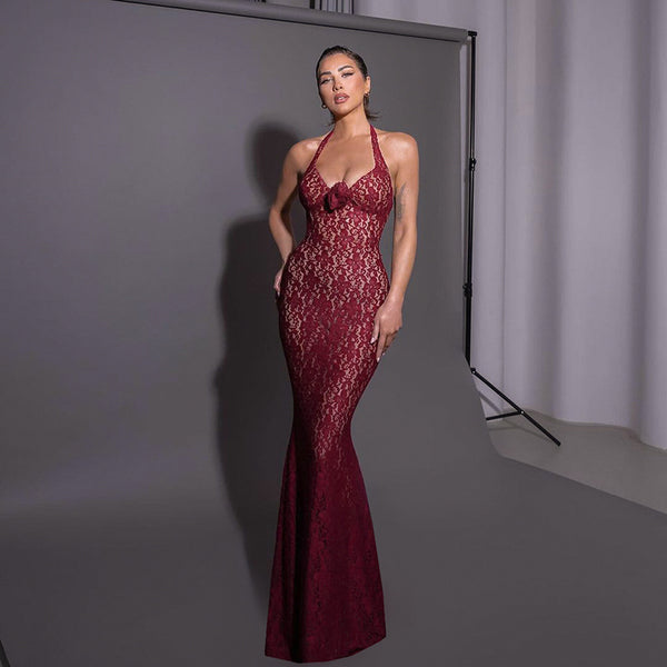 Lace Mermaid Maxi Dress with Halter Neck and Rosette Detail