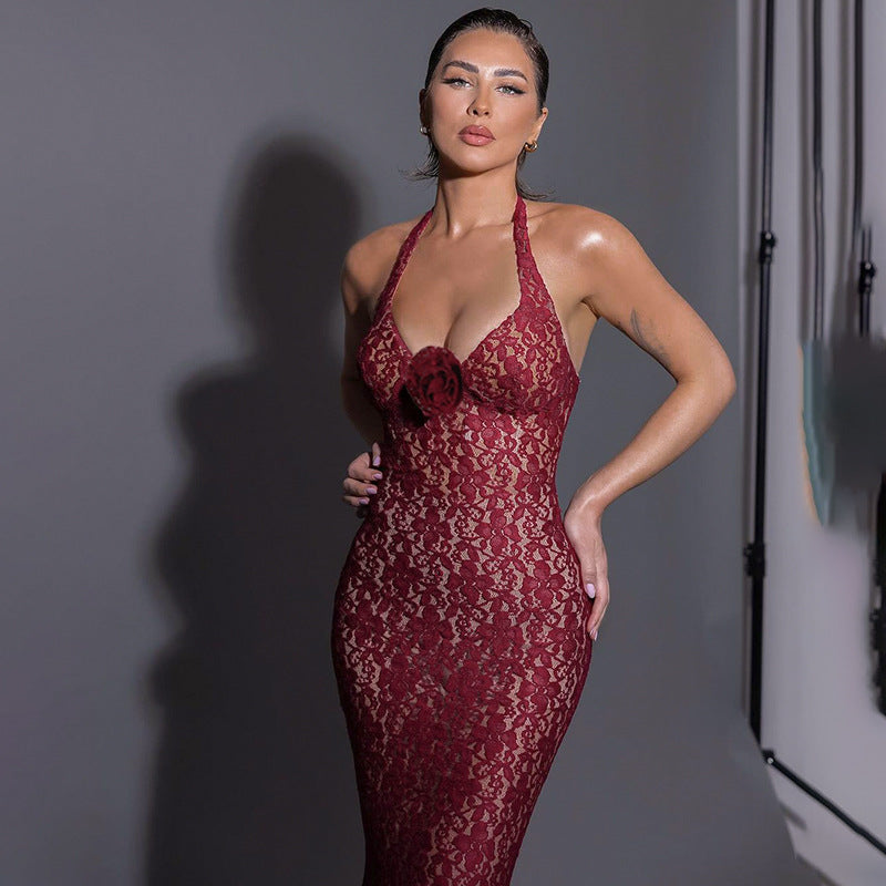 Lace Mermaid Maxi Dress with Halter Neck and Rosette Detail