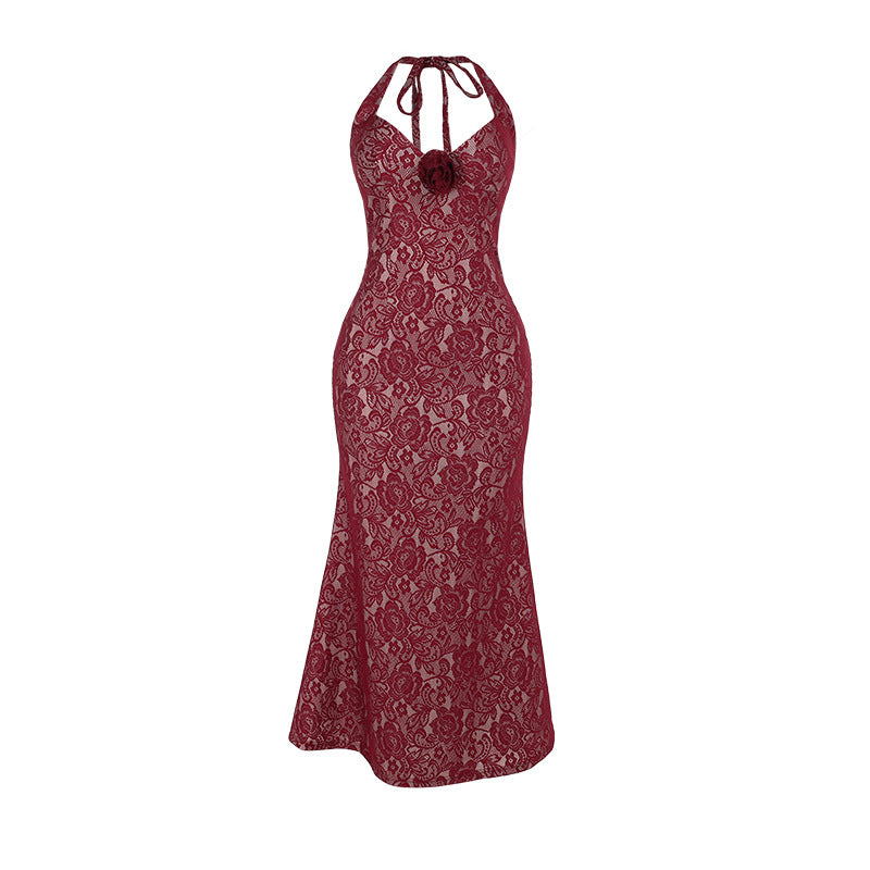 Lace Mermaid Maxi Dress with Halter Neck and Rosette Detail
