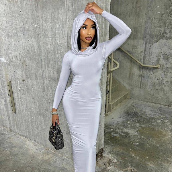 Bodycon Maxi Dress with Hooded Scarf Collar and Side Slit