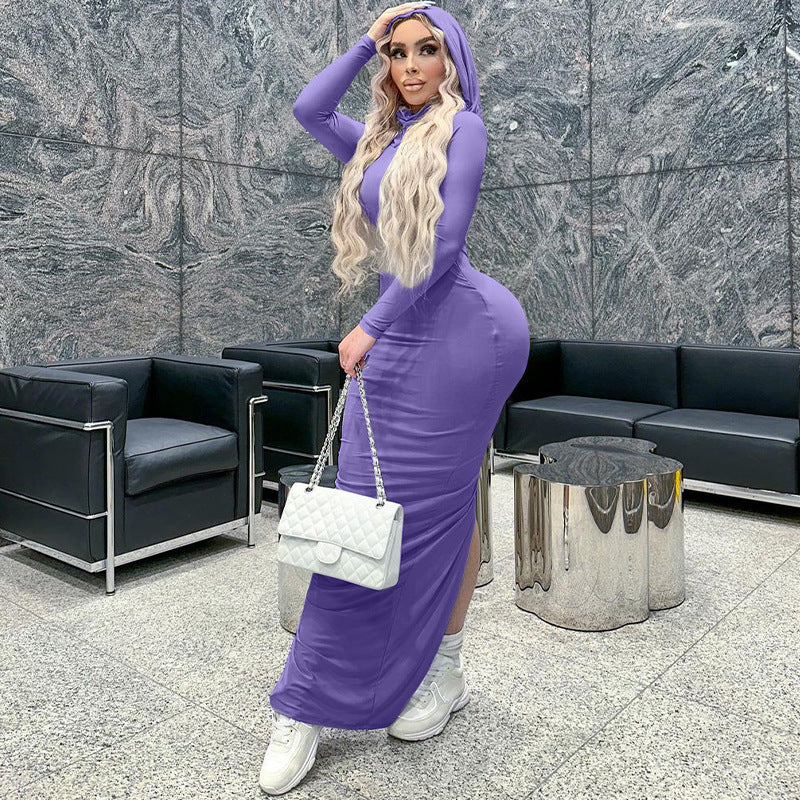 Bodycon Maxi Dress with Hooded Scarf Collar and Side Slit