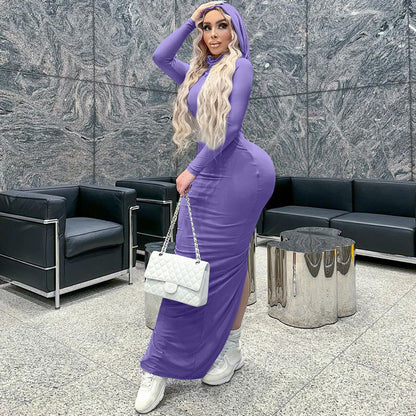 Bodycon Maxi Dress with Hooded Scarf Collar and Side Slit