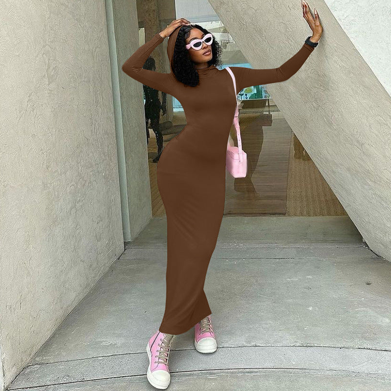 Bodycon Maxi Dress with Hooded Scarf Collar and Side Slit