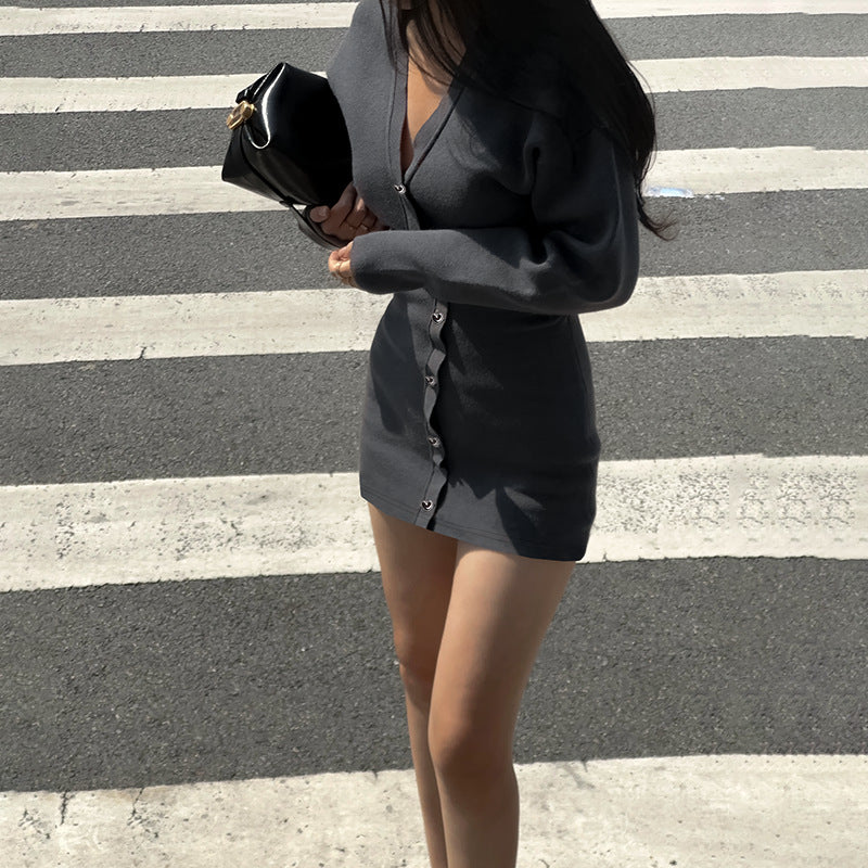 Bodycon Knit Mini Dress with Button-Front Detail