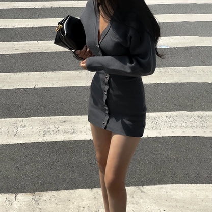 Bodycon Knit Mini Dress with Button-Front Detail