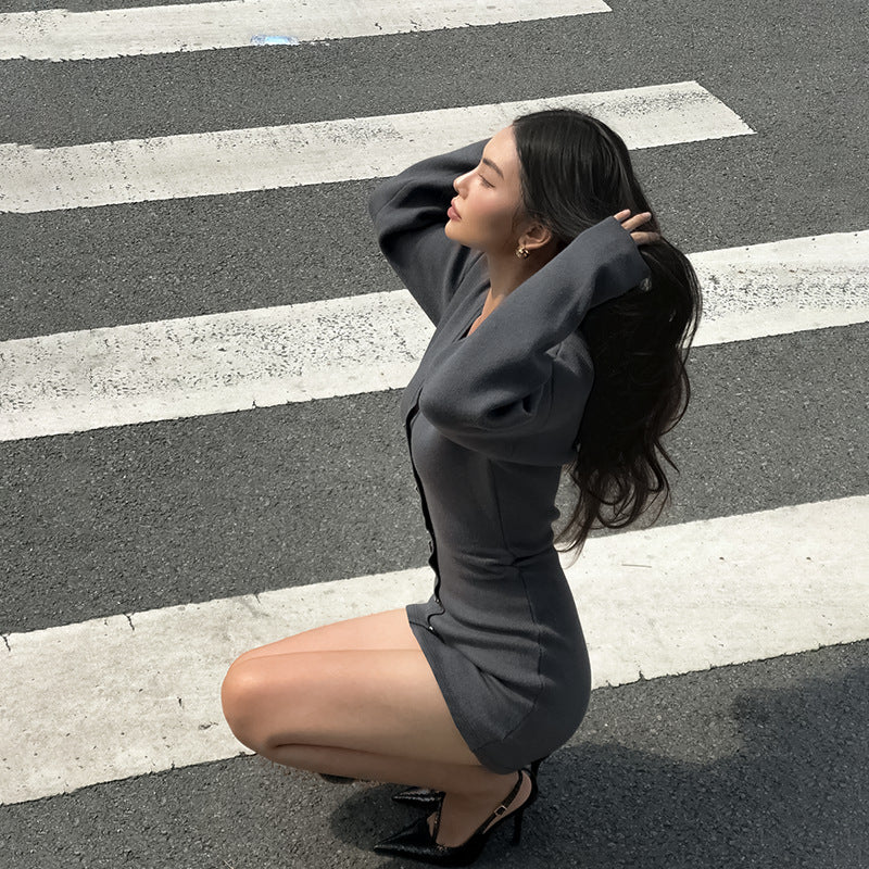 Bodycon Knit Mini Dress with Button-Front Detail
