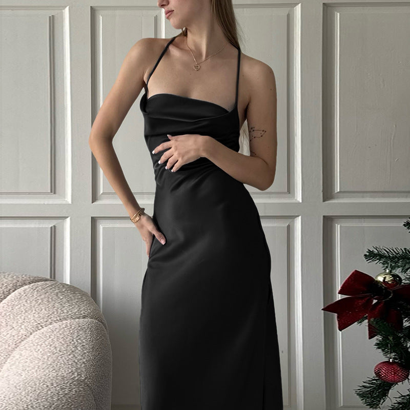 Satin Slip Maxi Dress with Cowl Neck and High Slit