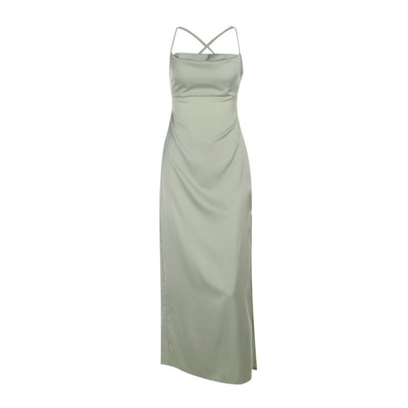 Satin Slip Maxi Dress with Cowl Neck and High Slit
