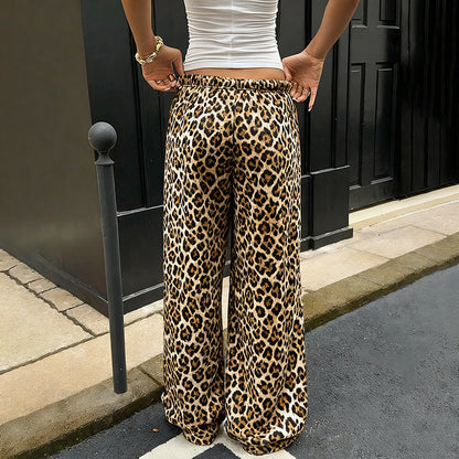 Leopard Print Wide-Leg Pants with Low-Rise Drawstring Waist