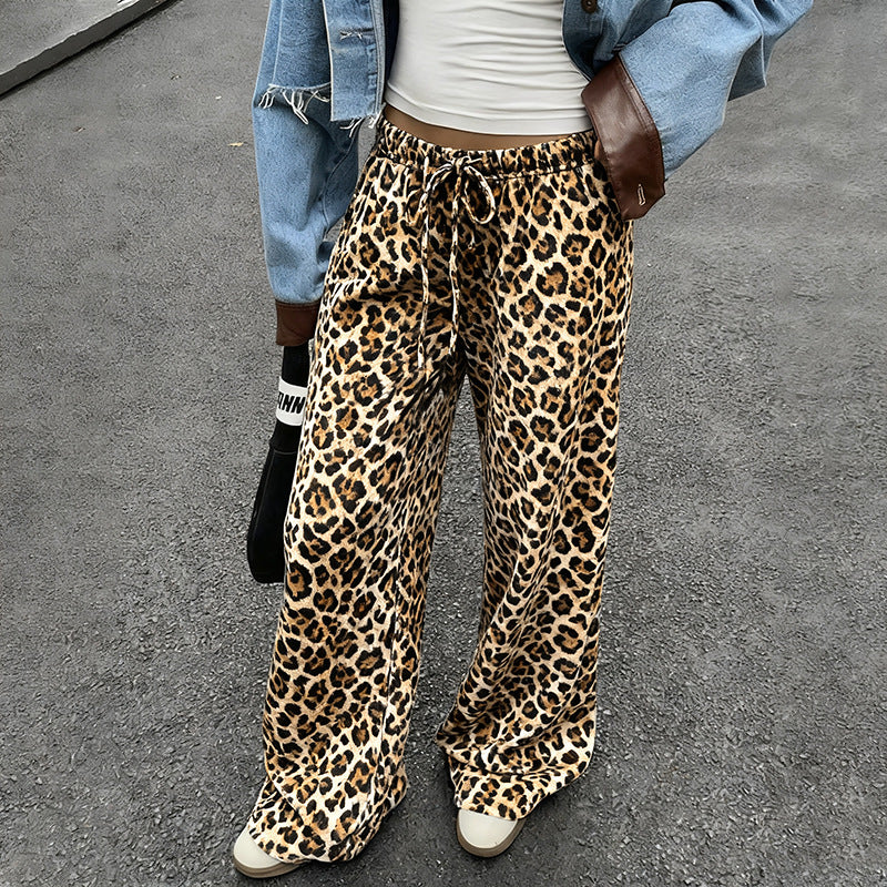 Leopard Print Wide-Leg Pants with Low-Rise Drawstring Waist
