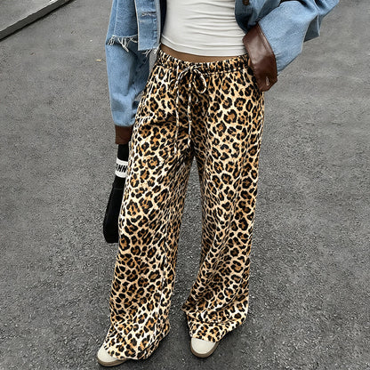Leopard Print Wide-Leg Pants with Low-Rise Drawstring Waist