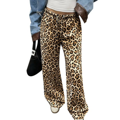 Leopard Print Wide-Leg Pants with Low-Rise Drawstring Waist