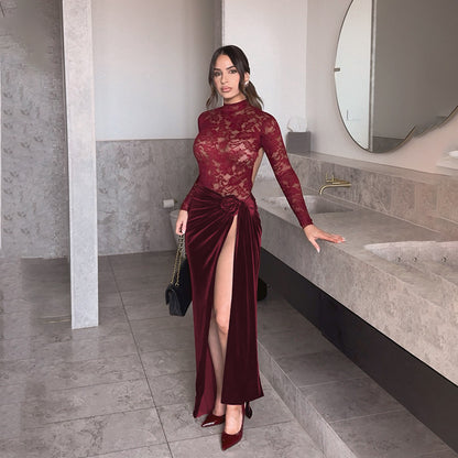 Backless Lace and Velvet Bodycon Maxi Dress with High Slit