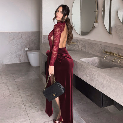 Backless Lace and Velvet Bodycon Maxi Dress with High Slit