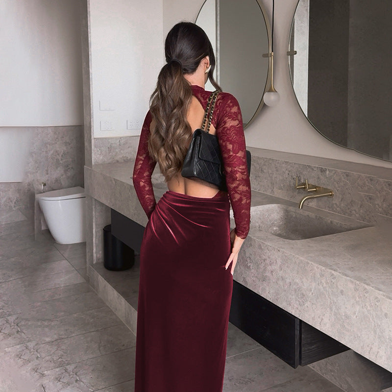 Backless Lace and Velvet Bodycon Maxi Dress with High Slit