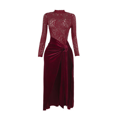 Backless Lace and Velvet Bodycon Maxi Dress with High Slit