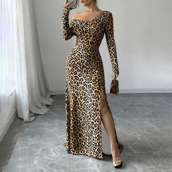 Leopard Print Bodycon Maxi Dress with Square Neck and High Slit