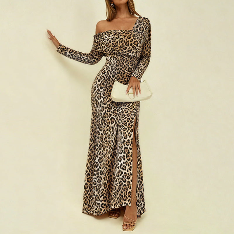 Leopard Print Bodycon Maxi Dress with Square Neck and High Slit