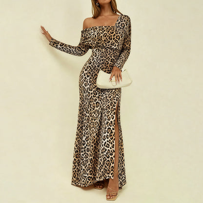 Leopard Print Bodycon Maxi Dress with Square Neck and High Slit