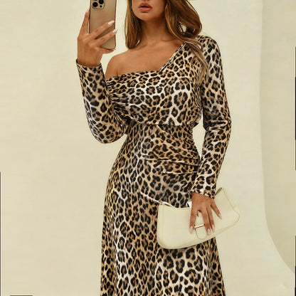 Leopard Print Bodycon Maxi Dress with Square Neck and High Slit