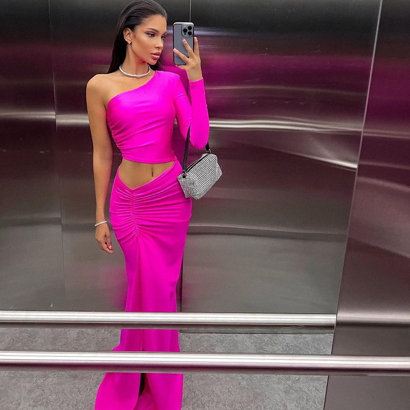 One-Shoulder Ruched Maxi Dress with Waist Cut-Out and High Slit