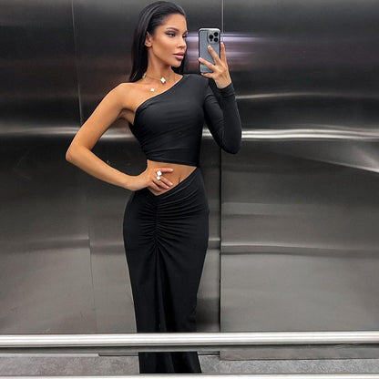 One-Shoulder Ruched Maxi Dress with Waist Cut-Out and High Slit