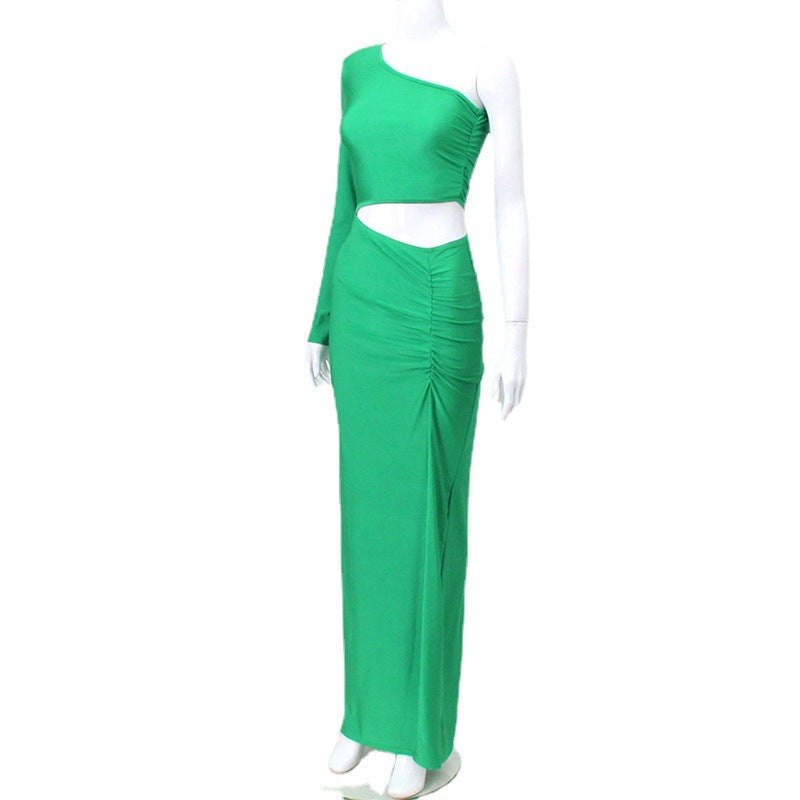 One-Shoulder Ruched Maxi Dress with Waist Cut-Out and High Slit