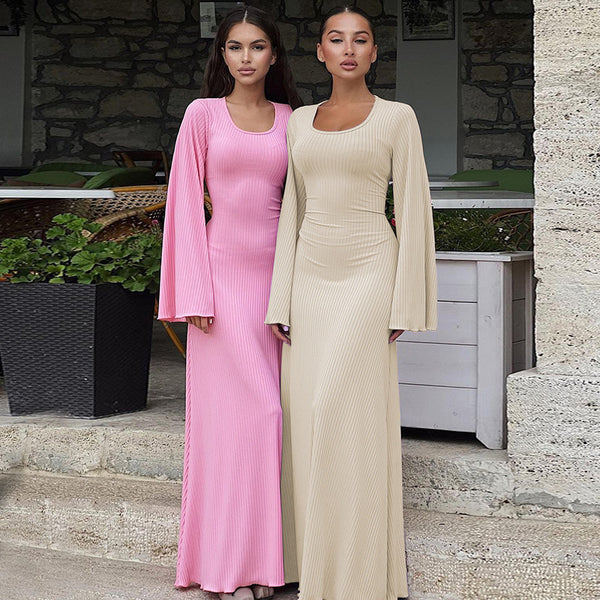 Ribbed Maxi Dress with Bell Sleeves and Lace-Up Back