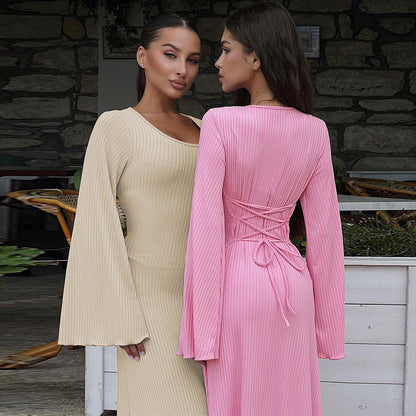 Ribbed Maxi Dress with Bell Sleeves and Lace-Up Back
