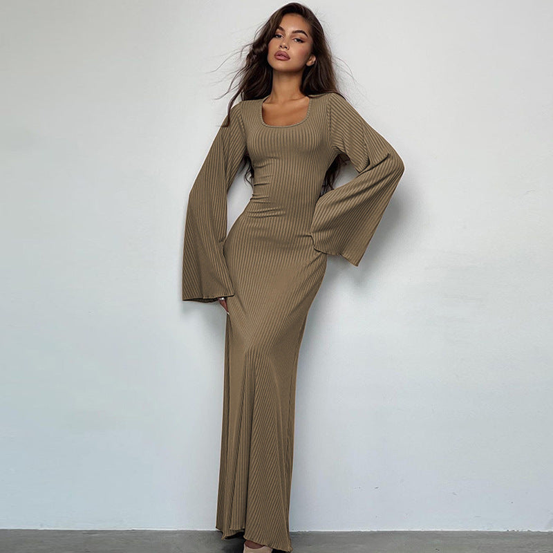 Ribbed Maxi Dress with Bell Sleeves and Lace-Up Back