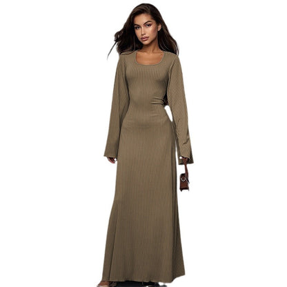 Ribbed Maxi Dress with Bell Sleeves and Lace-Up Back