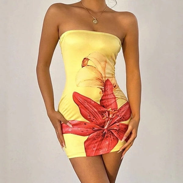 Strapless Bodycon Mini Dress with Large Floral Print
