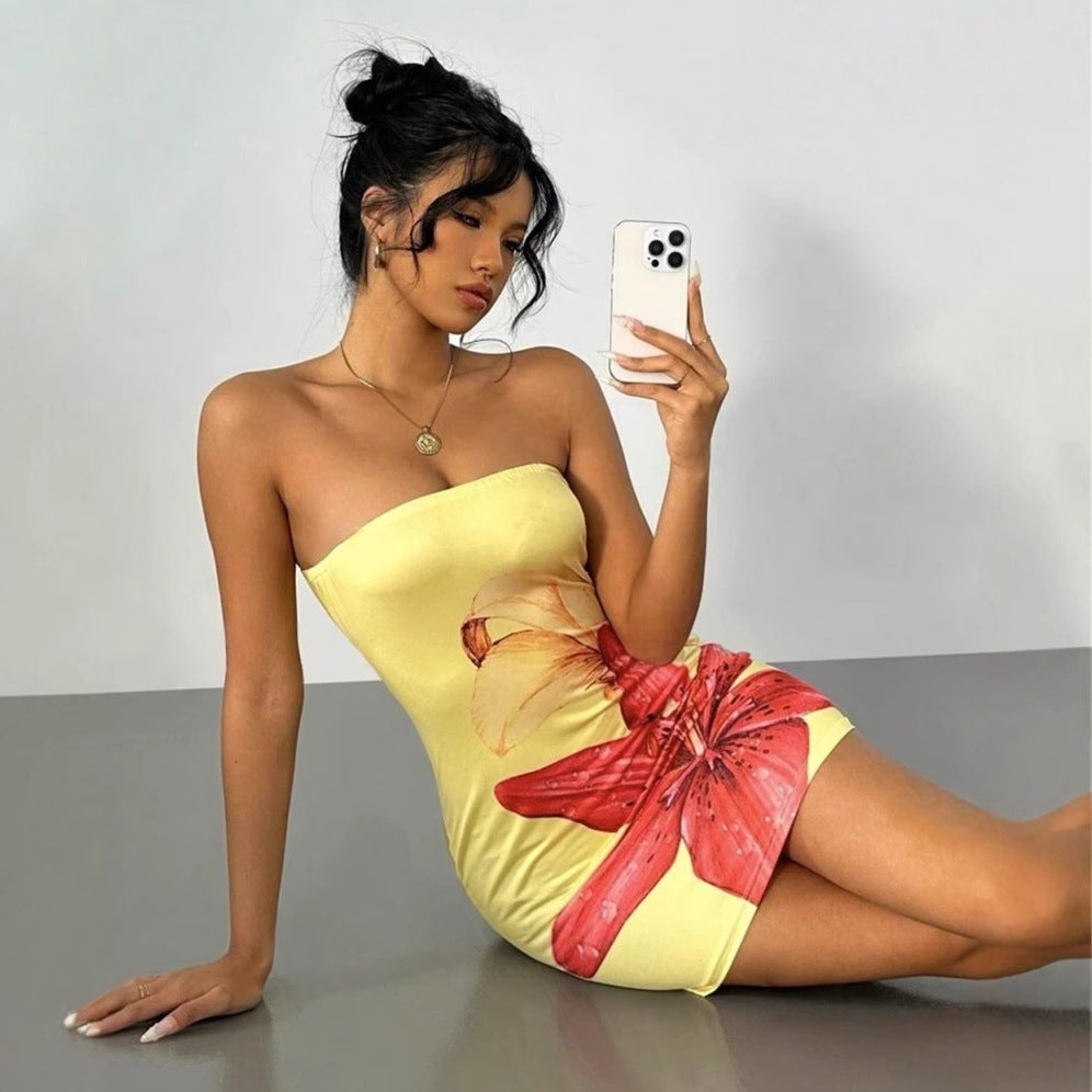 Strapless Bodycon Mini Dress with Large Floral Print