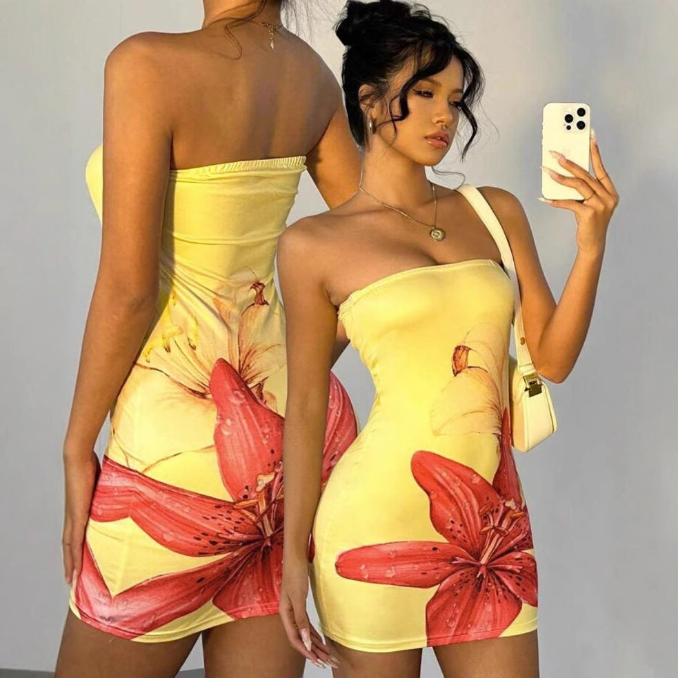 Strapless Bodycon Mini Dress with Large Floral Print